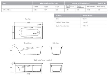 ENGLEFIELD STUDIO II RECTANGULAR DROP IN BATH 1670X760MM - The Tile Collection™