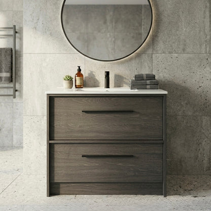 EMBER FLOOR STANDING VANITY 900MM - CHARRED ASH | 2 DRAWERS WITH CERAMIC BASIN