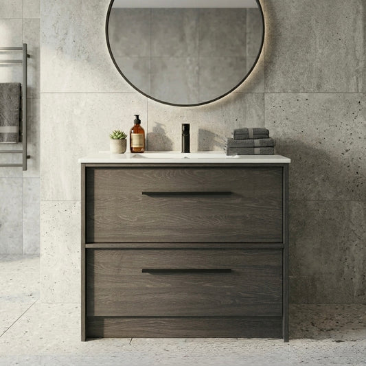 EMBER FLOOR STANDING VANITY 900MM - CHARRED ASH | 2 DRAWERS WITH CERAMIC BASIN