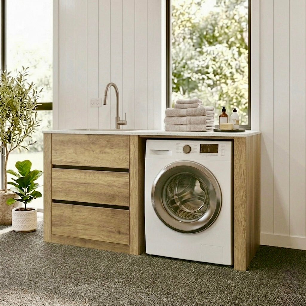 1300MM PLYWOOD LAUNDRY STATION | ANTIQUE OAK| STONE BENCTOP | STAINLESS STEEL SINK