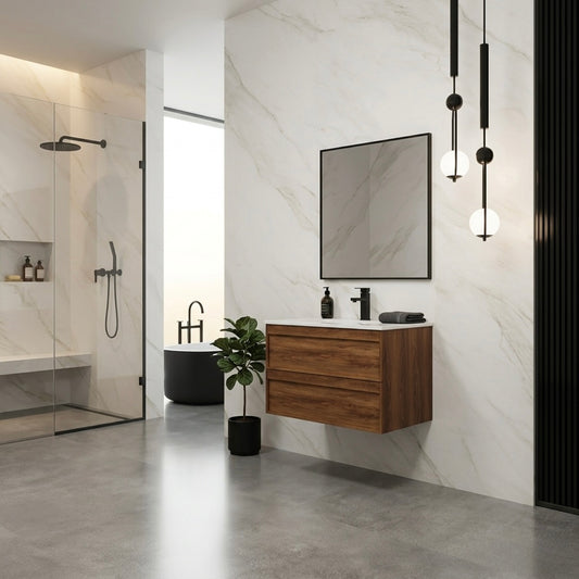 ASPEN WALNUT WALL HUNG VANITY 750MM | 2 DRAWERS, PLYWOOD FLOATING VANITY NZ