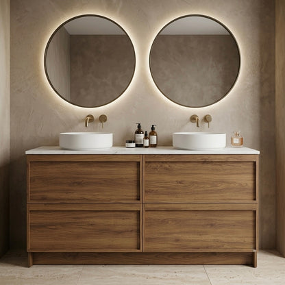 ASPEN WALNUT FLOOR STANDING VANITY 1500MM DOUBLE | 4 DRAWERS WITH CERAMIC BASIN