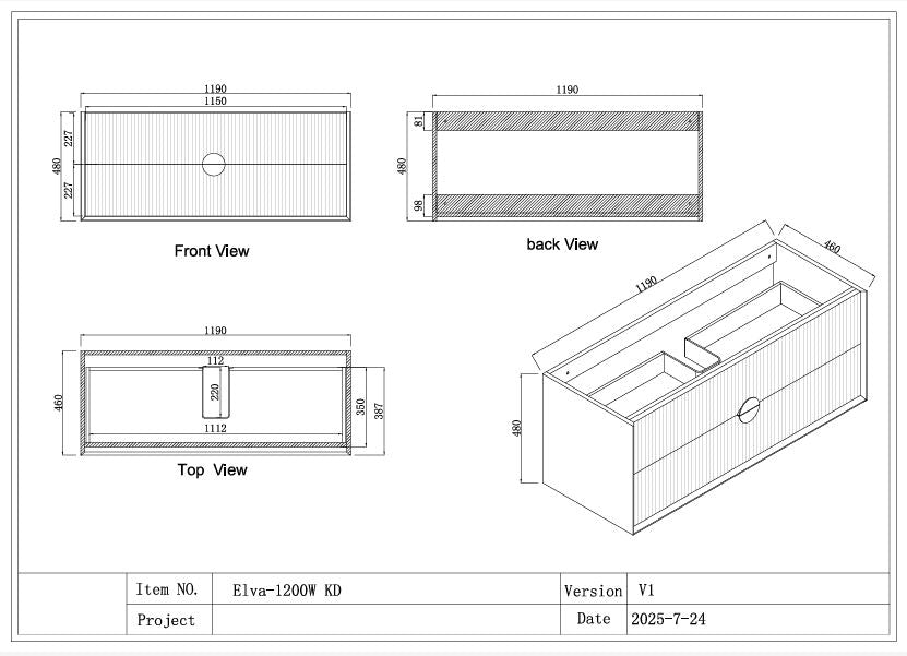 ELVA FLUTED WALL HUNG VANITY 1200MM - WHITE