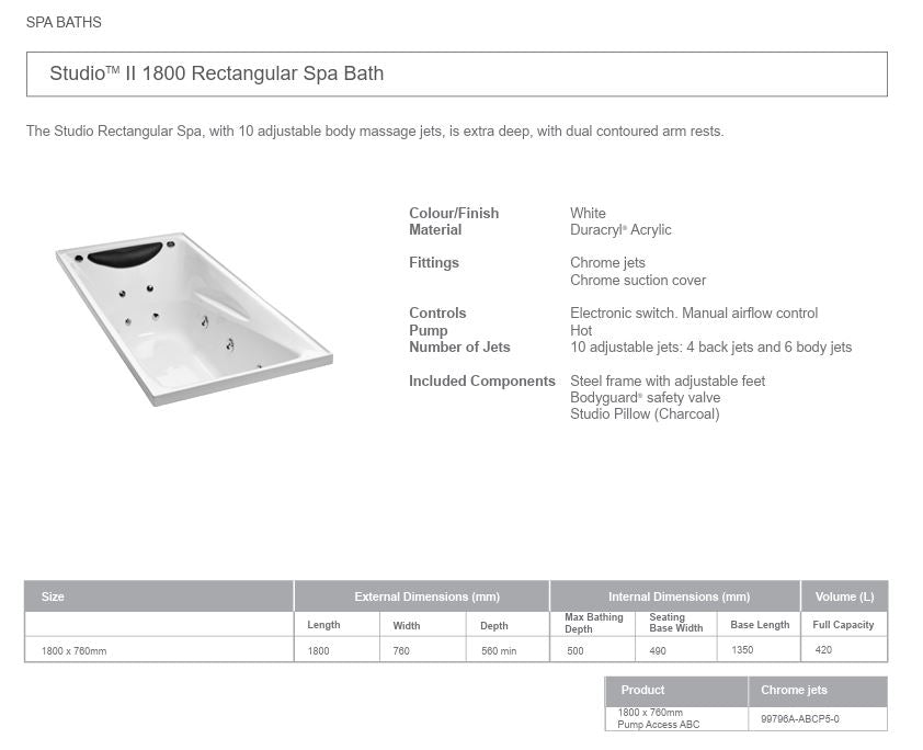 ENGLEFIELD STUDIO II RECTANGULAR SPA BATH 1800MM, 1670MM