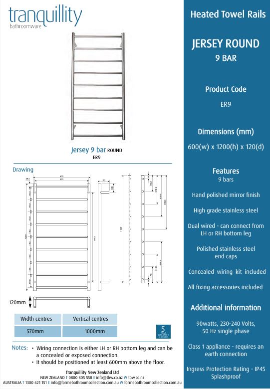 TRANQUILLITY JERSEY 9 BAR ROUND HEATED TOWEL WARMER 1200H*600W*120D - BRUSHED BRASS