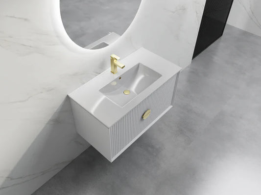 Elva Fluted Wall Hung Vanity 900mm - White | Gold Handles The Tile Collection
