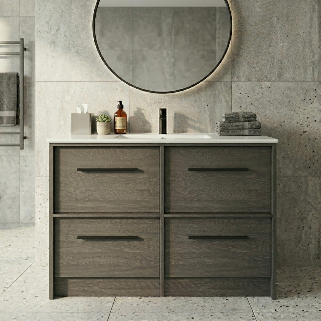 Ember Floor Standing Vanity 1200mm - Charred Ash, 4 Drawers Vanity with Ceramic Basin NZ