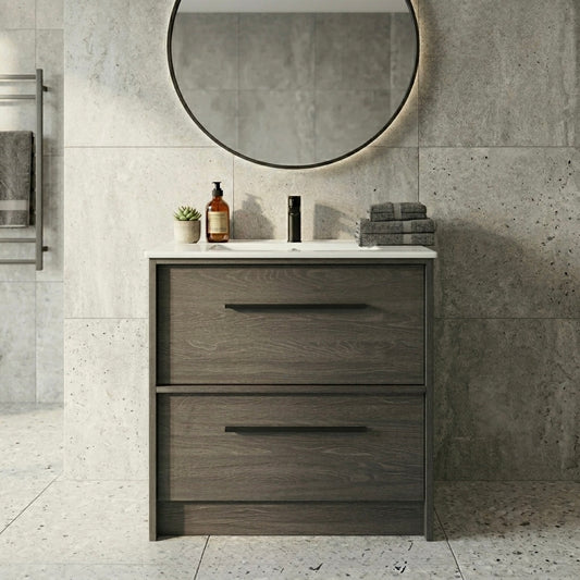 EMBER FLOOR STANDING VANITY 750MM - CHARRED ASH | 2 DRAWERS WITH CERAMIC BASIN