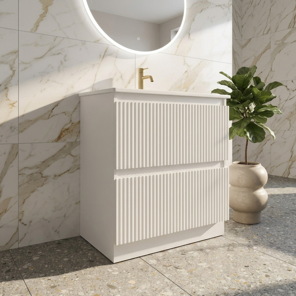 600MM SLIM FLUTED WHITE FLOORSTANDING BATHROOM VANITY UNIT WITH BASIN