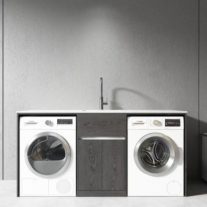 1800MM PLYWOOD LAUNDRY STATION - CHARRED ASH | STONE BENCHTOP | STAINLESS STEEL SINK