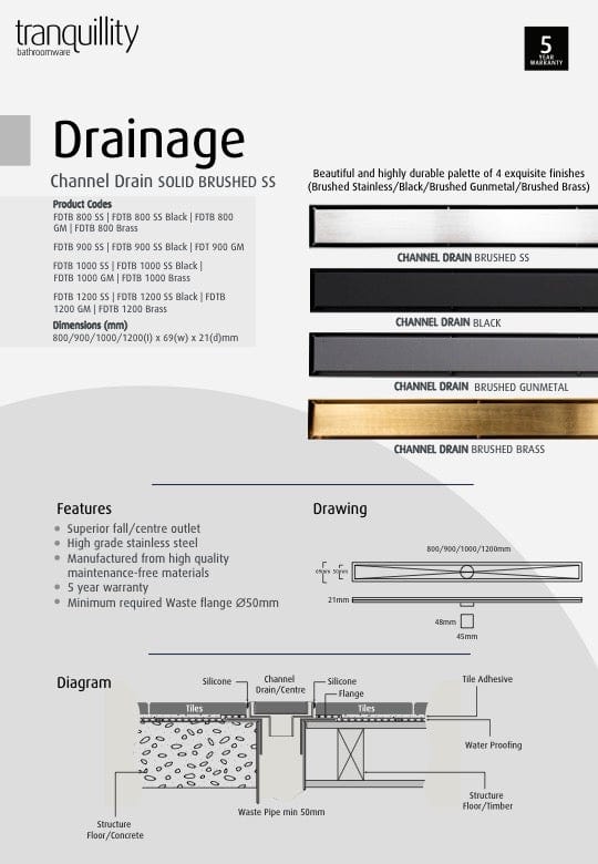 TRANQUILLITY CHANNEL DRAIN | SOLID INSERT | 800MM-1200MM | 4 COLOURS