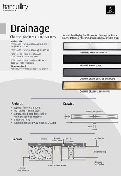 TRANQUILLITY CHANNEL DRAIN | SOLID INSERT | 800MM-1200MM | 4 COLOURS