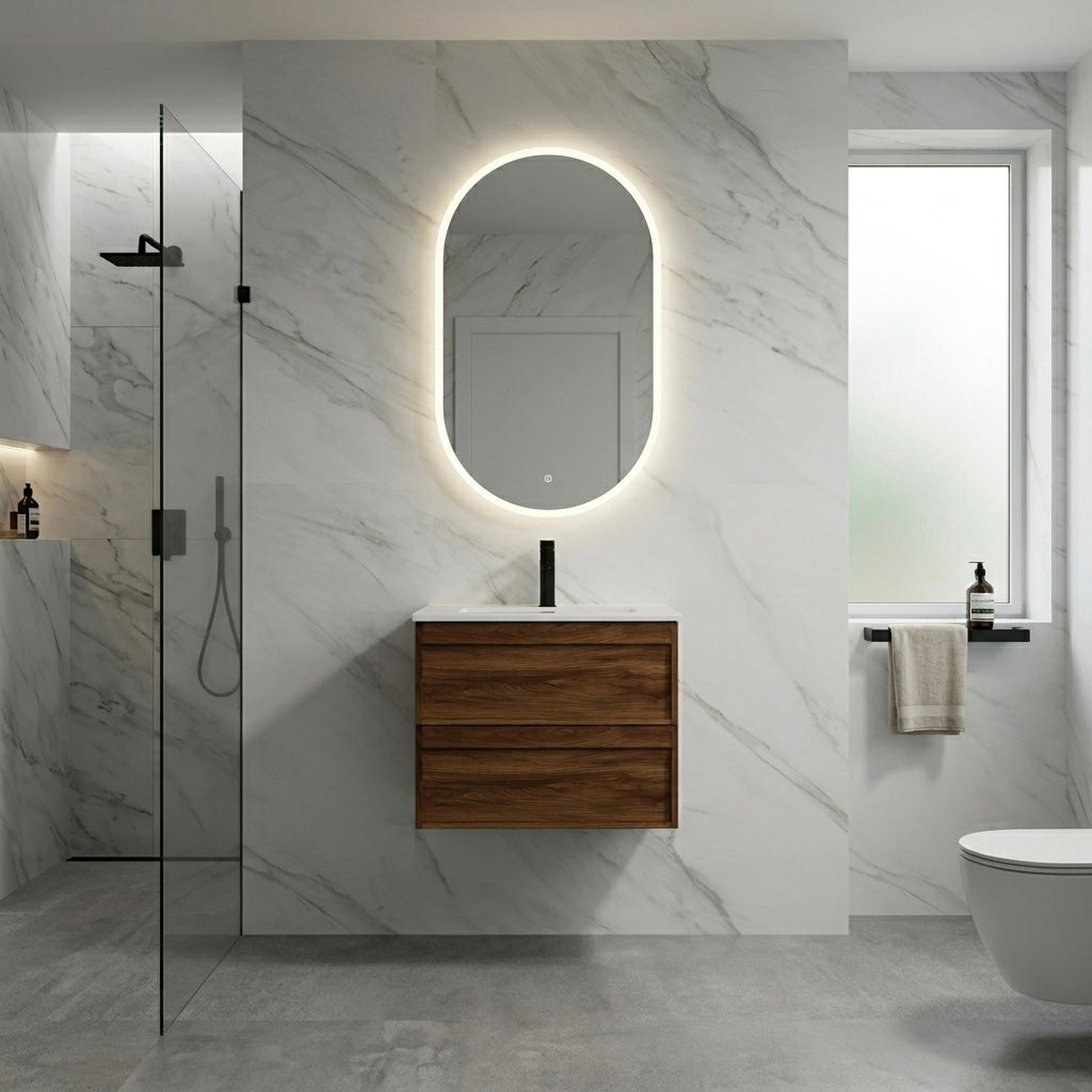 ASPEN WALNUT WALL HUNG VANITY 600MM | 2 DRAWERS, PLYWOOD FLOATING VANITY NZ