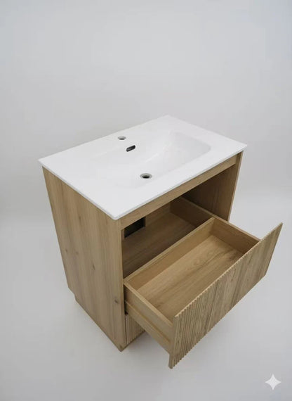 900MM FLUTED OAK FLOOR STANDING VANITY WITH CERAMIC BASIN
