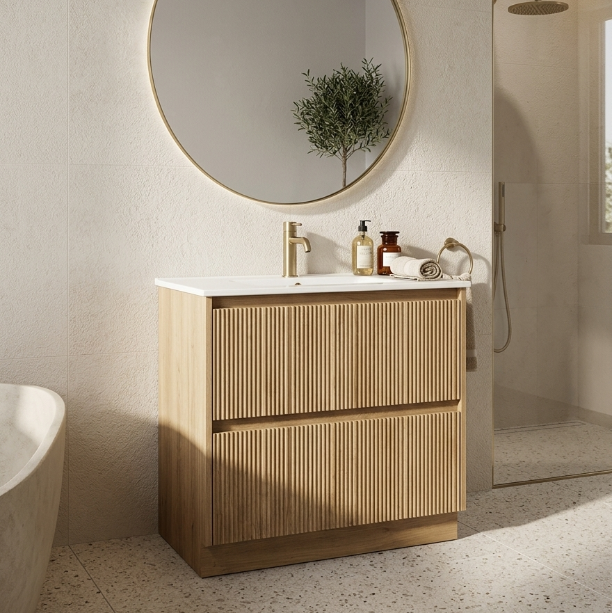 Bathroom with wooden vanity, round mirror, and toiletries.