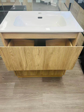 900MM FLUTED OAK FLOOR STANDING VANITY WITH CERAMIC BASIN