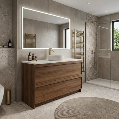 ASPEN WALNUT FLOOR STANDING VANITY 1200MM SINGLE | 2 DRAWERS WITH CERAMIC BASIN
