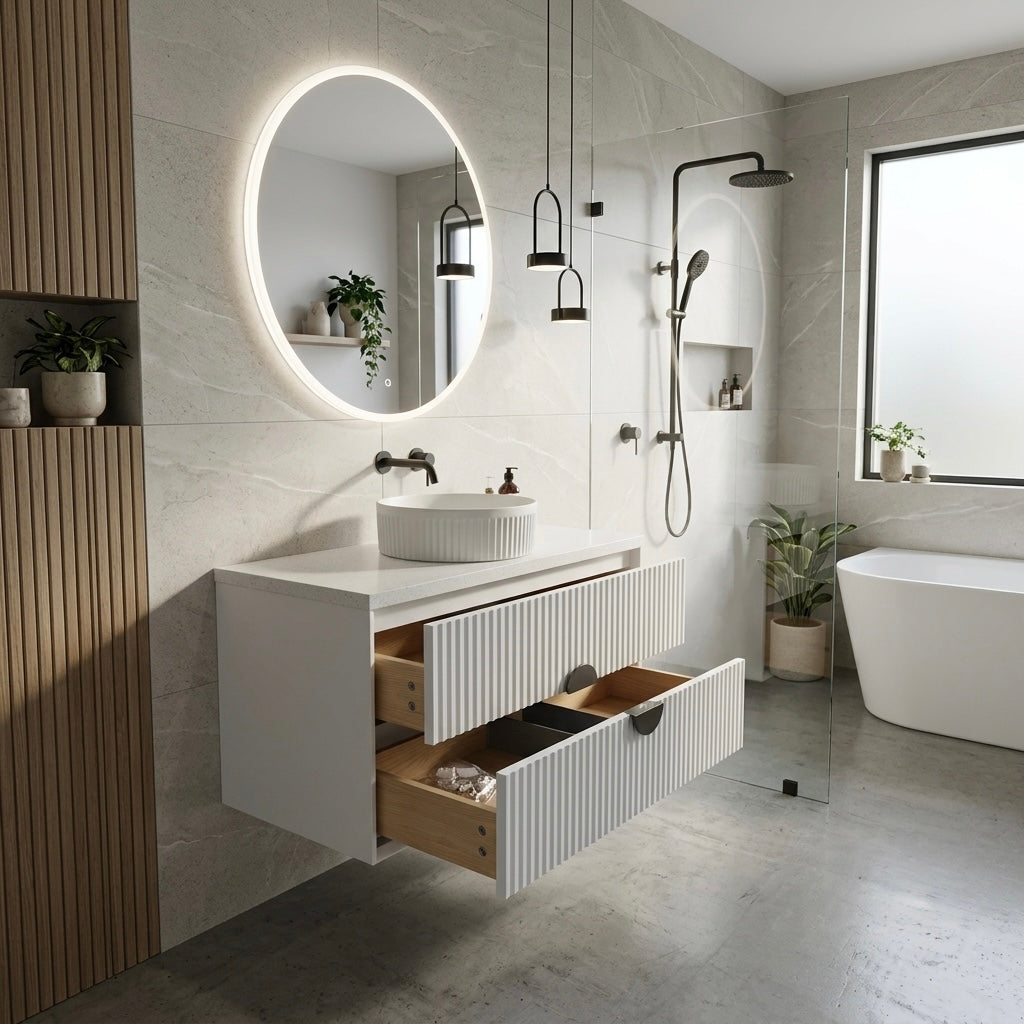ELVA FLUTED WALL HUNG VANITY 750MM - WHITE | BATHROOM WALL HUNG VANITY NZ