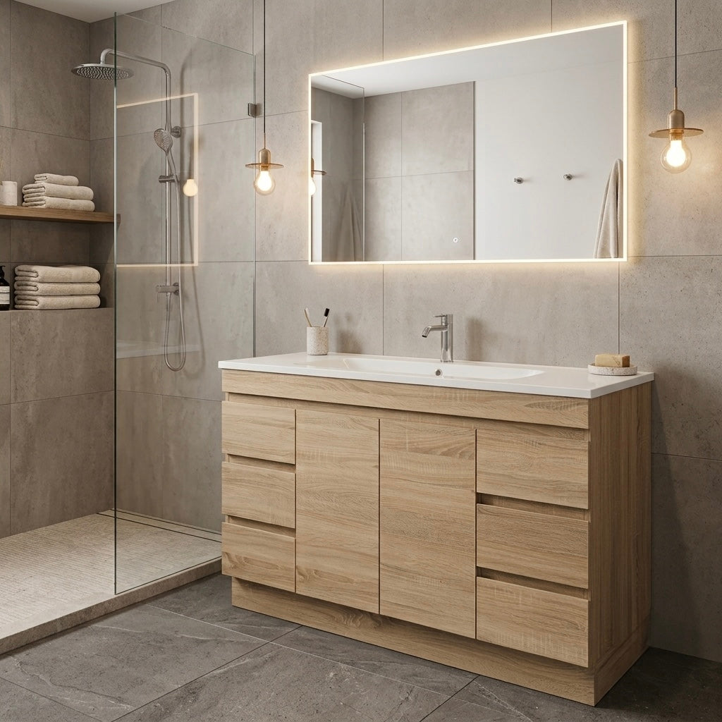 MADRID FLOOR STANDING VANITY 1200MM SINGLE - LIGHT OAK | PLYWOOD BATHROOM VANITY NZ