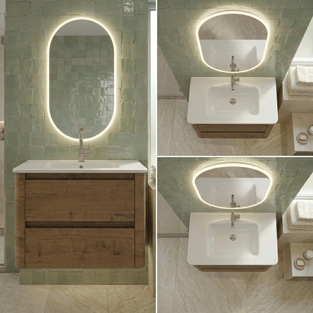 600MM BROOKLYN CURVED WALL HUNG VANITY | HONEY OAK