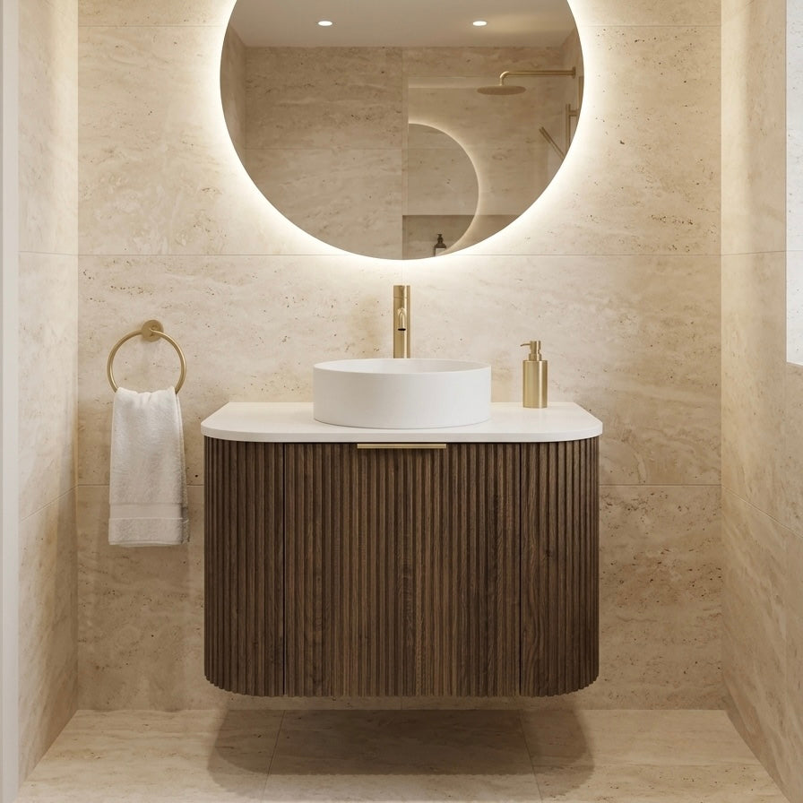 750MM CURVED FLUTED WALL HUNG VANITY | DARK BROWN OAK
