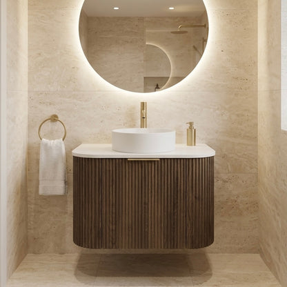 750MM CURVED FLUTED WALL HUNG VANITY | DARK BROWN OAK