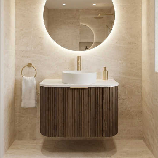 750MM CURVED FLUTED WALL HUNG VANITY | DARK BROWN OAK
