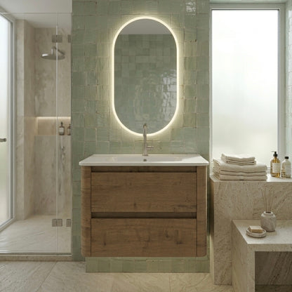 600MM BROOKLYN CURVED WALL HUNG VANITY | HONEY OAK