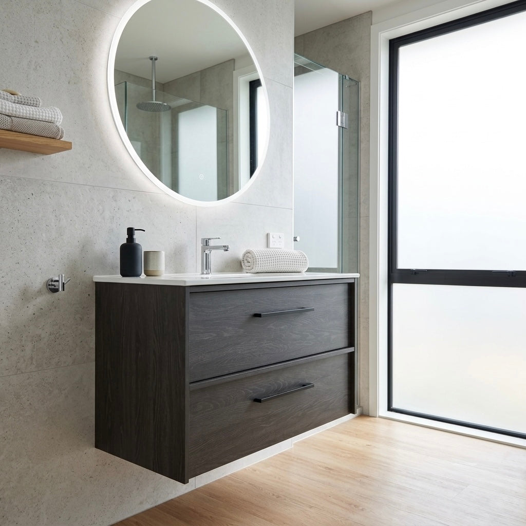 EMBER MODERN FLOATING VANITY 900MM - CHARRED ASH | 2 DRAWERS, PLYWOOD VANITY NZ