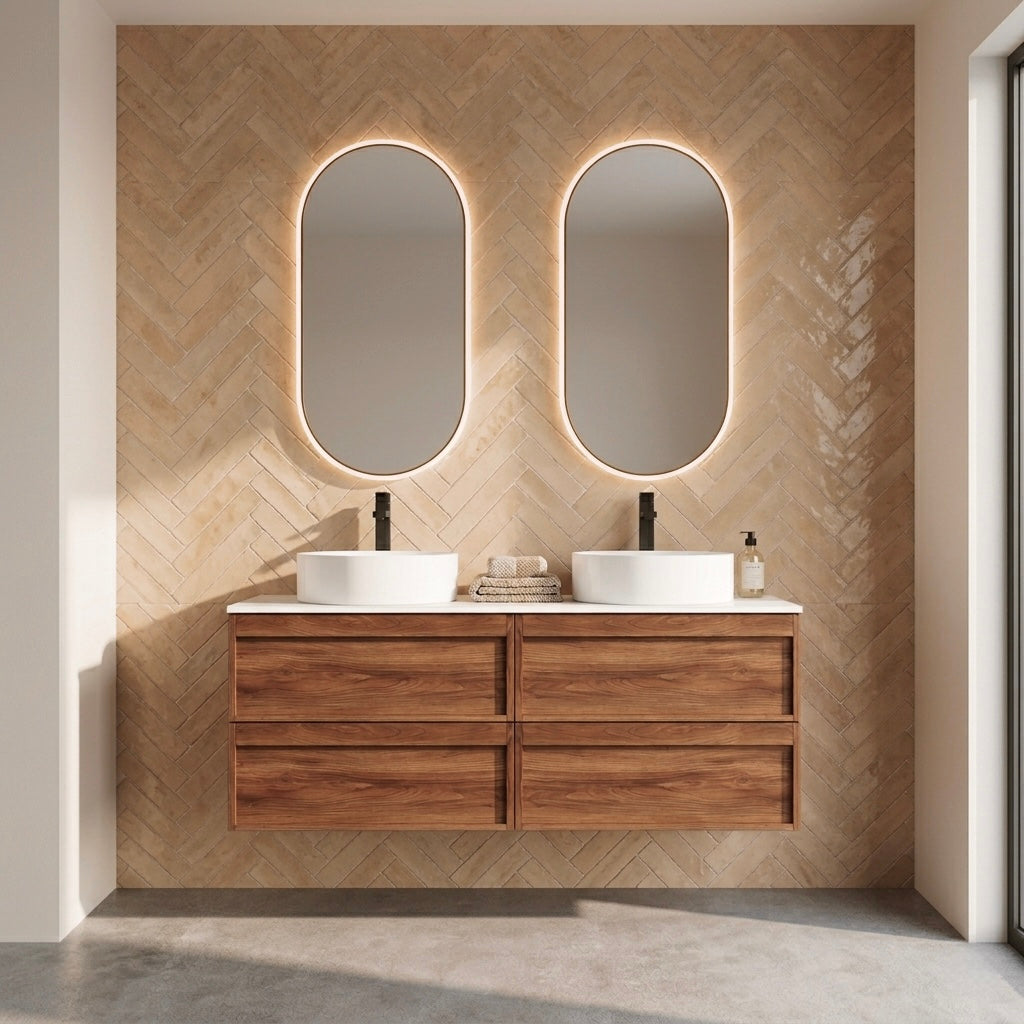 ASPEN WALNUT WALL HUNG VANITY 1500MM DOUBLE | 4 DRAWERS, PLYWOOD FLOATING VANITY NZ