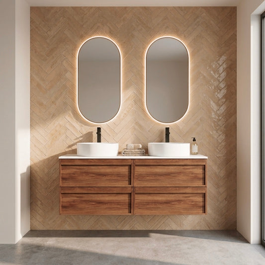 ASPEN WALNUT WALL HUNG VANITY 1500MM DOUBLE | 4 DRAWERS, PLYWOOD FLOATING VANITY NZ