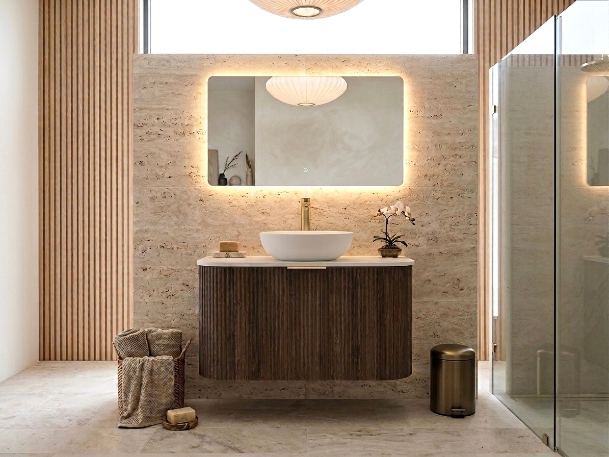 900MM CURVED FLUTED WALL HUNG VANITY | DARK BROWN OAK