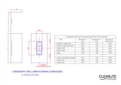 CLEARLITE PACIFIC/VARO WALL LINER FOR SHOWER OVER BATH 2 SIDED - 1525MM