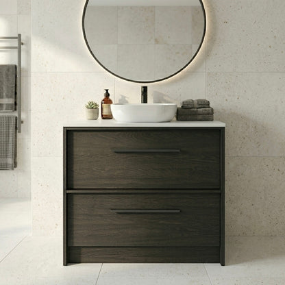 EMBER FLOOR STANDING VANITY 900MM - CHARRED ASH | 2 DRAWERS WITH CERAMIC BASIN