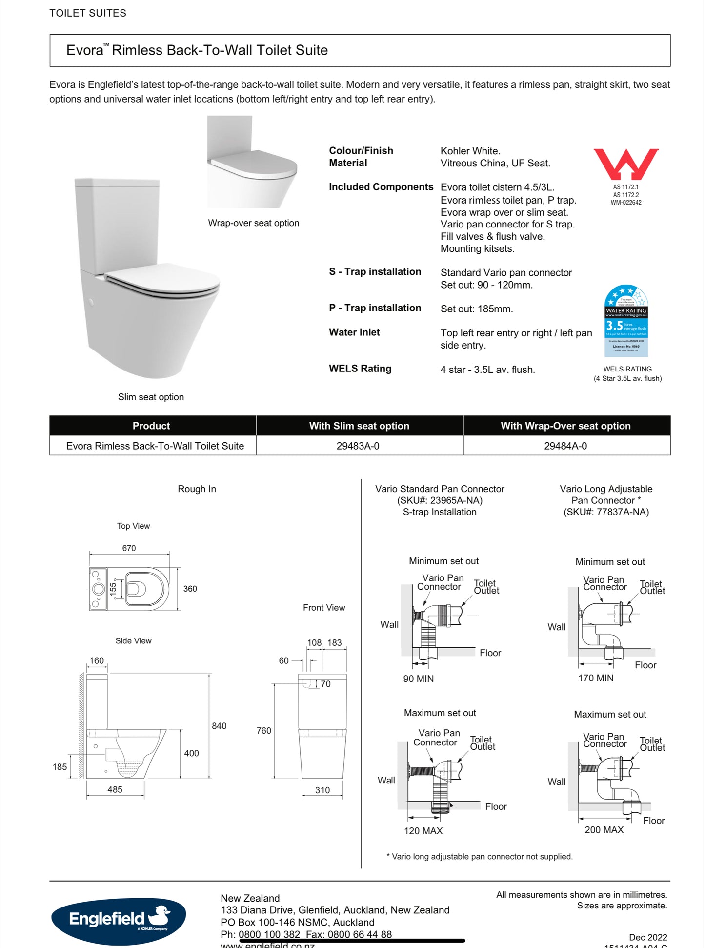 ENGLEFIELD EVORA RIMLESS BACK TO WALL TOILET SUITE