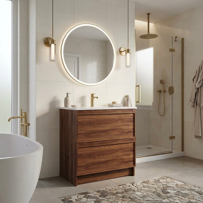 ASPEN WALNUT FLOOR STANDING VANITY 750MM | 2 DRAWERS WITH CERAMIC BASIN