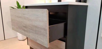 900MM POLO BLACK AND LIGHT OAK FREESTANDING VANITY WITH CERAMIC TOP - The Tile Collection™