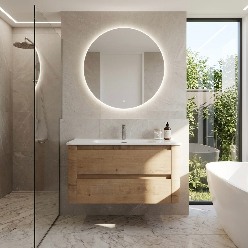 Wall-hung floating vanity oak finish with rounded edge ceramic basin and 2 soft-close drawers NZ