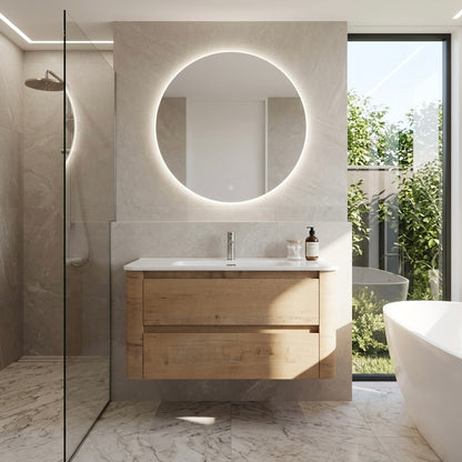 Wall-hung floating vanity oak finish with rounded edge ceramic basin and 2 soft-close drawers NZ
