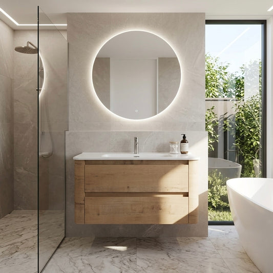 Wall-hung floating vanity oak finish with rounded edge ceramic basin and 2 soft-close drawers NZ