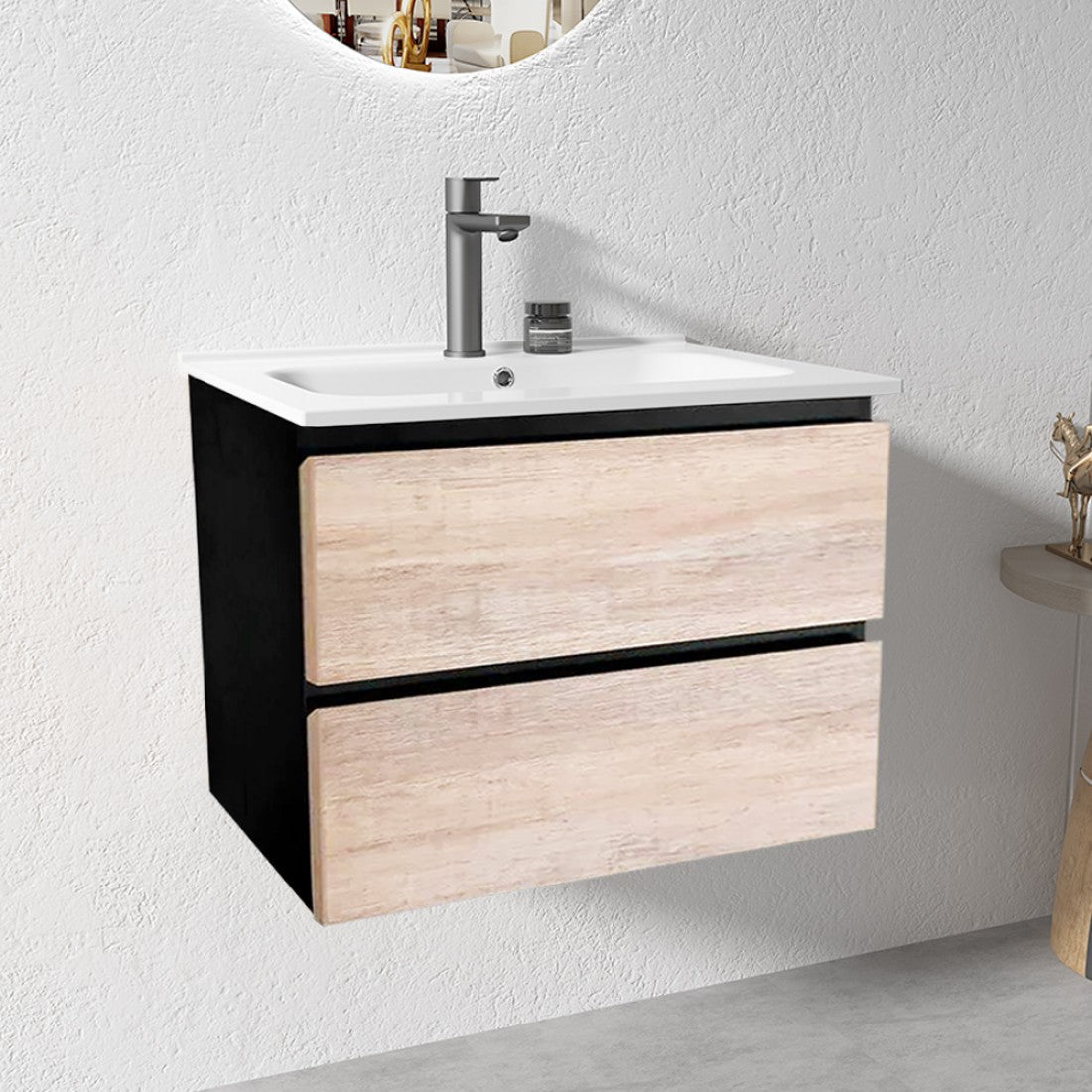 NELSON WALL HUNG VANITY | 750MM | BLACK & LIGHT OAK | PLYWOOD - The Tile Collection™