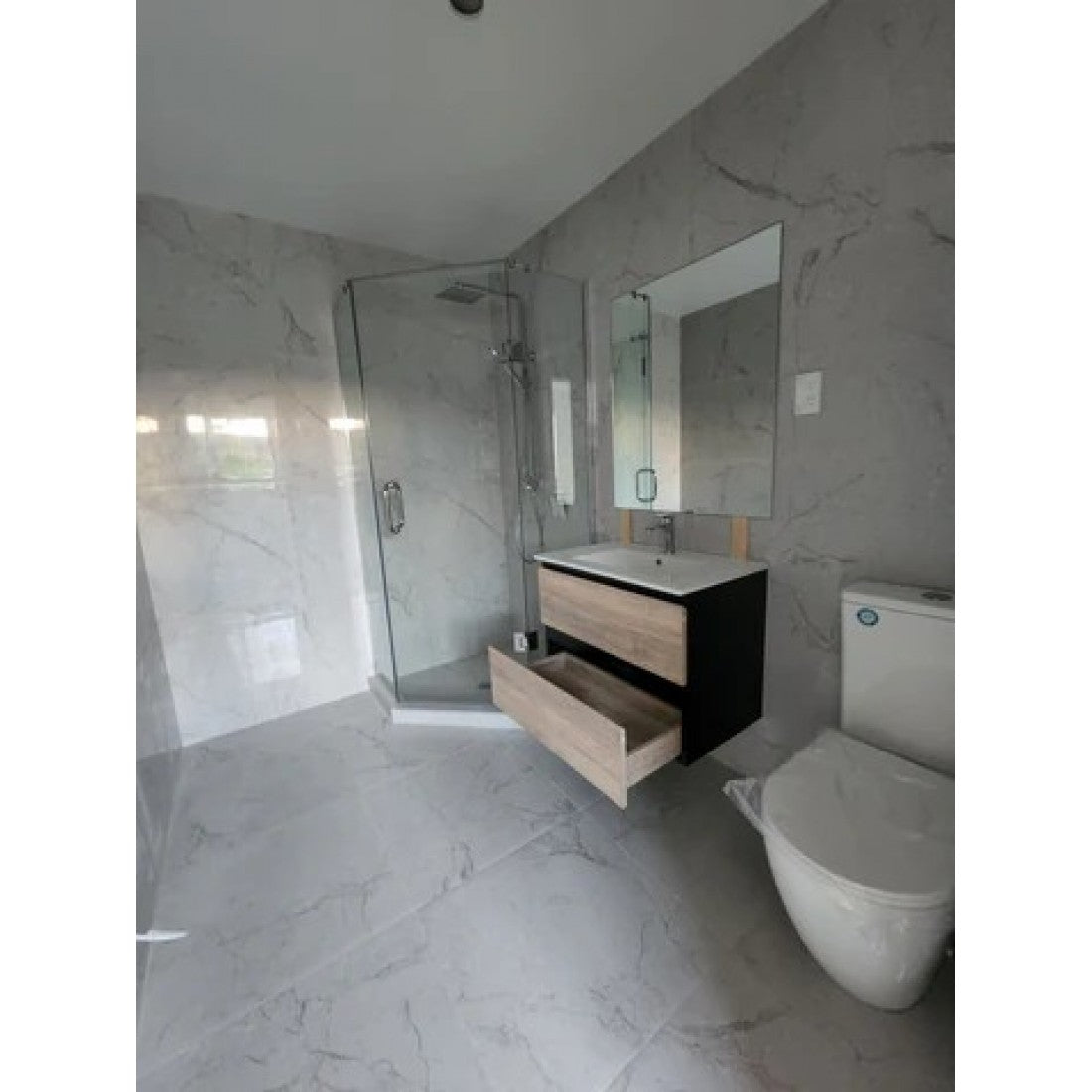 NELSON WALL HUNG VANITY | 750MM | BLACK & LIGHT OAK | PLYWOOD - The Tile Collection™