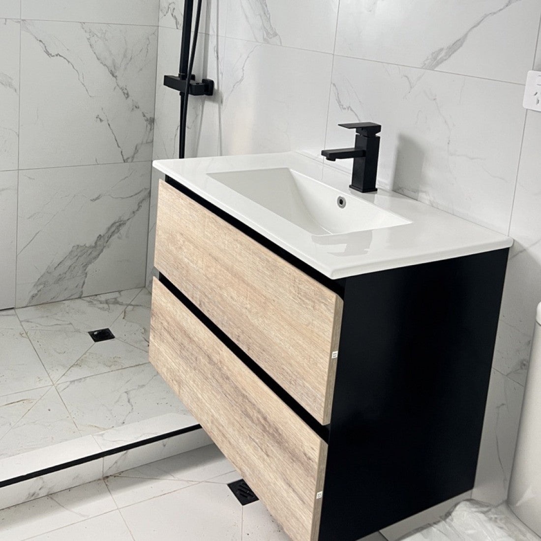 NELSON WALL HUNG VANITY | 750MM | BLACK & LIGHT OAK | PLYWOOD - The Tile Collection™
