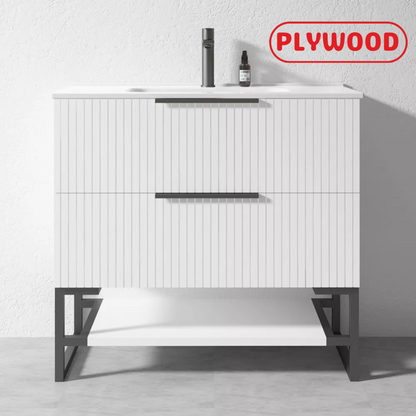900MM FLUTED WHITE FLOORSTANDING PLYWOOD VANITY WITH CERAMIC TOP - The Tile Collection™