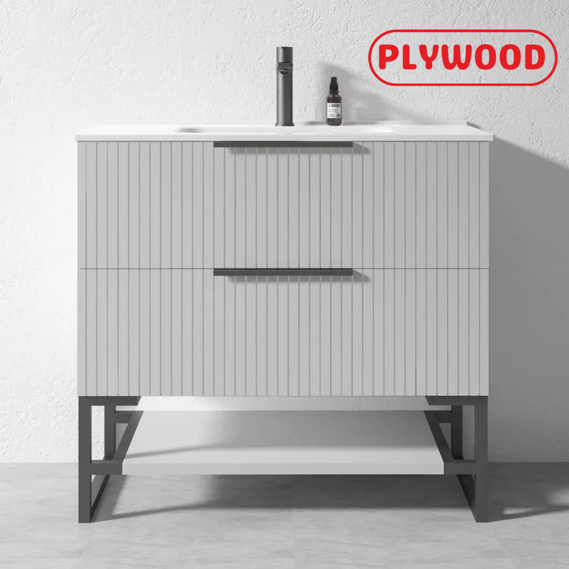900MM FLUTED GREY FLOORSTANDING PLYWOOD VANITY WITH CERAMIC TOP - The Tile Collection™