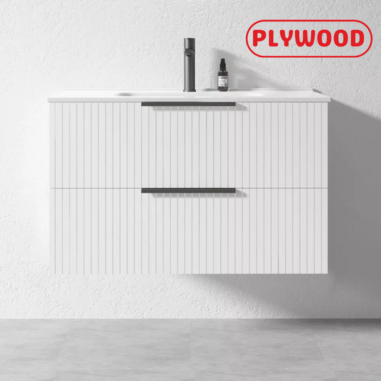 WHITE WALL HUNG VANITY | 900MM | FLUTED | PLYWOOD - The Tile Collection™