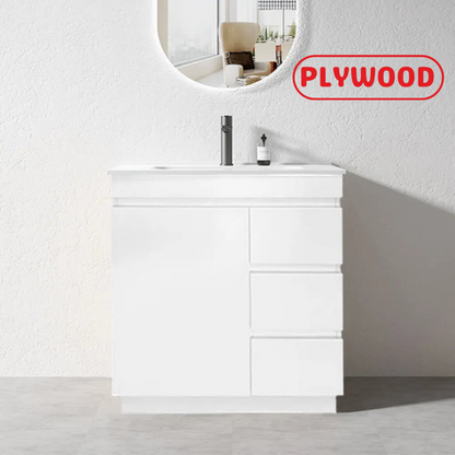900MM MADRID WHITE GLOSS PLYWOOD FLOORSTANDING VANITY WITH CERAMIC TOP - The Tile Collection™