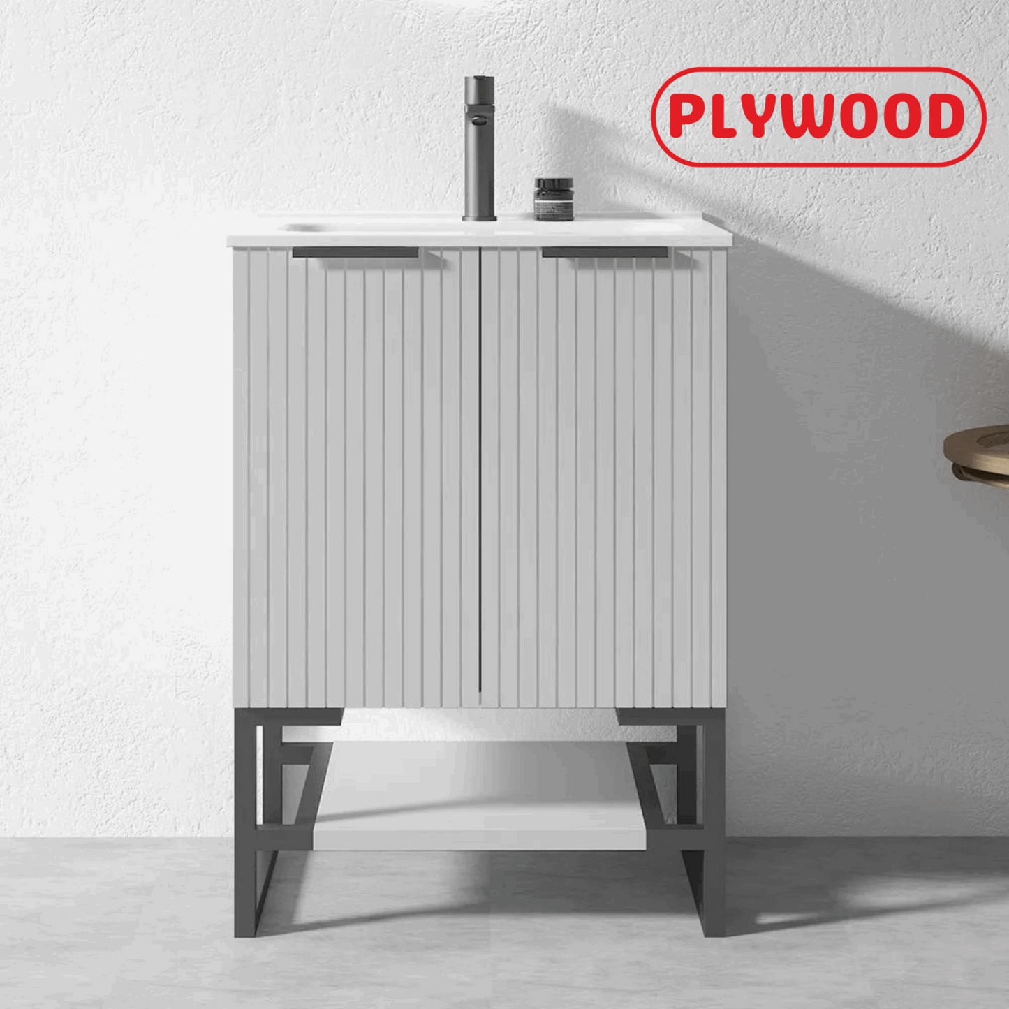 600MM FLUTED GREY PLYWOOD FLOORSTANDING VANITY WITH CERAMIC TOP - The Tile Collection™