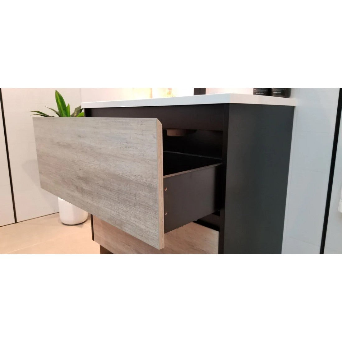 600MM POLO BLACK AND LIGHT OAK FLOORSTANDING VANITY WITH CERAMIC TOP - The Tile Collection™