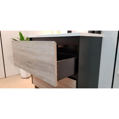 600MM POLO BLACK AND LIGHT OAK FLOORSTANDING VANITY WITH CERAMIC TOP - The Tile Collection™